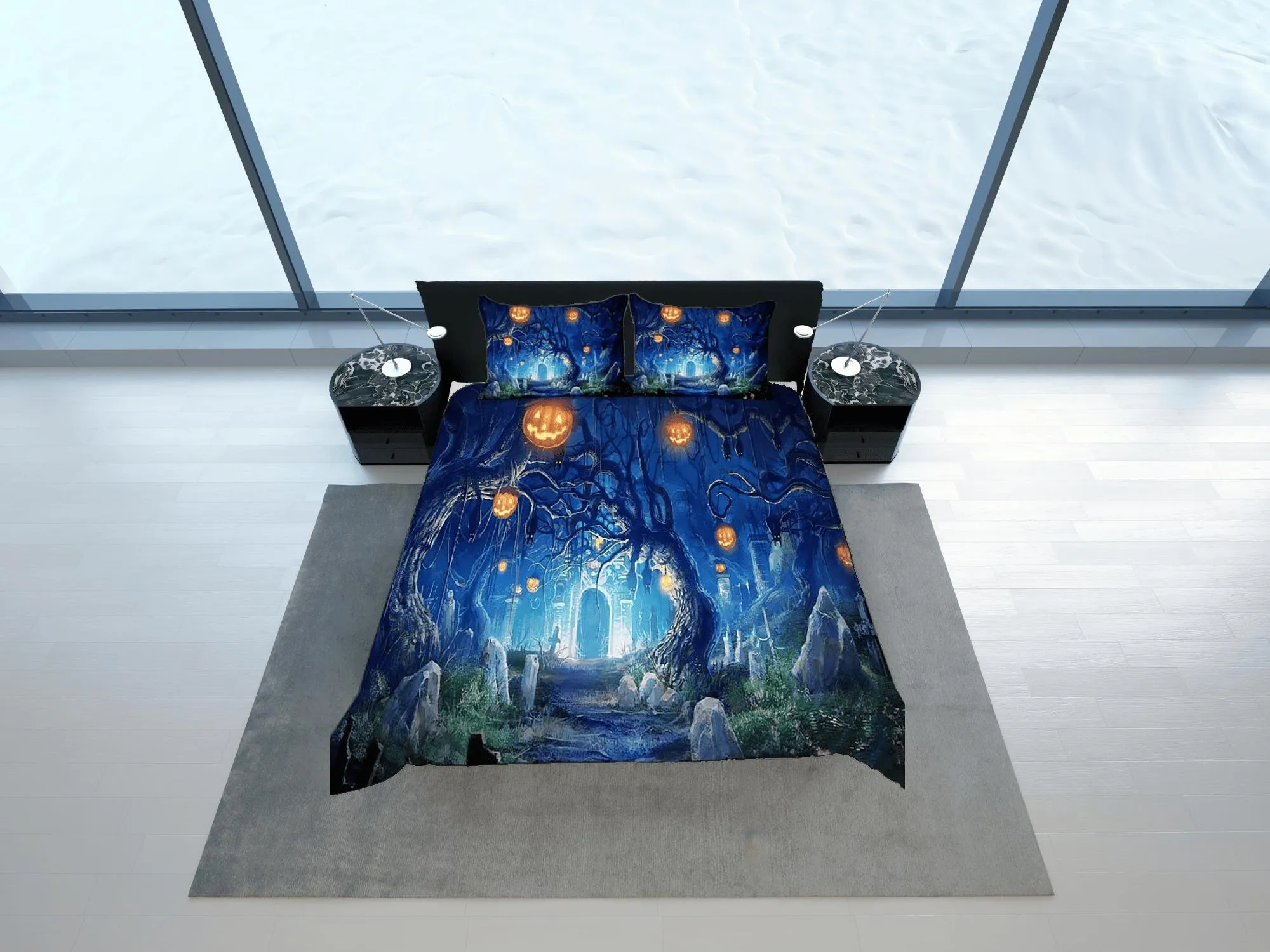 Pumpkin lanterns mystical forest halloween bedding & pillowcase, gothic duvet cover, dorm bedding, goth decor toddler bedding halloween gift