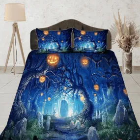 Pumpkin lanterns mystical forest halloween bedding & pillowcase, gothic duvet cover, dorm bedding, goth decor toddler bedding halloween gift