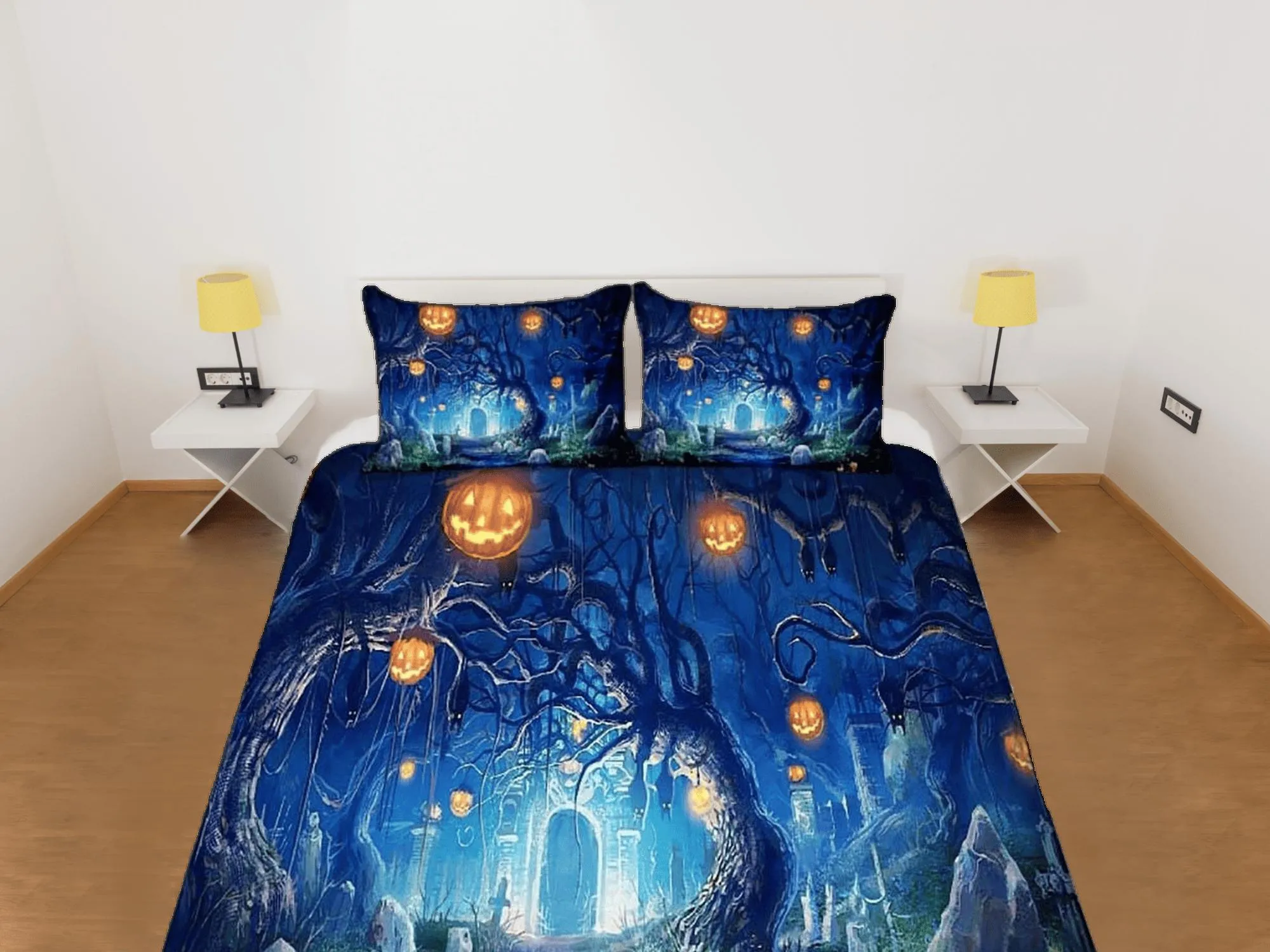 Pumpkin lanterns mystical forest halloween bedding & pillowcase, gothic duvet cover, dorm bedding, goth decor toddler bedding halloween gift