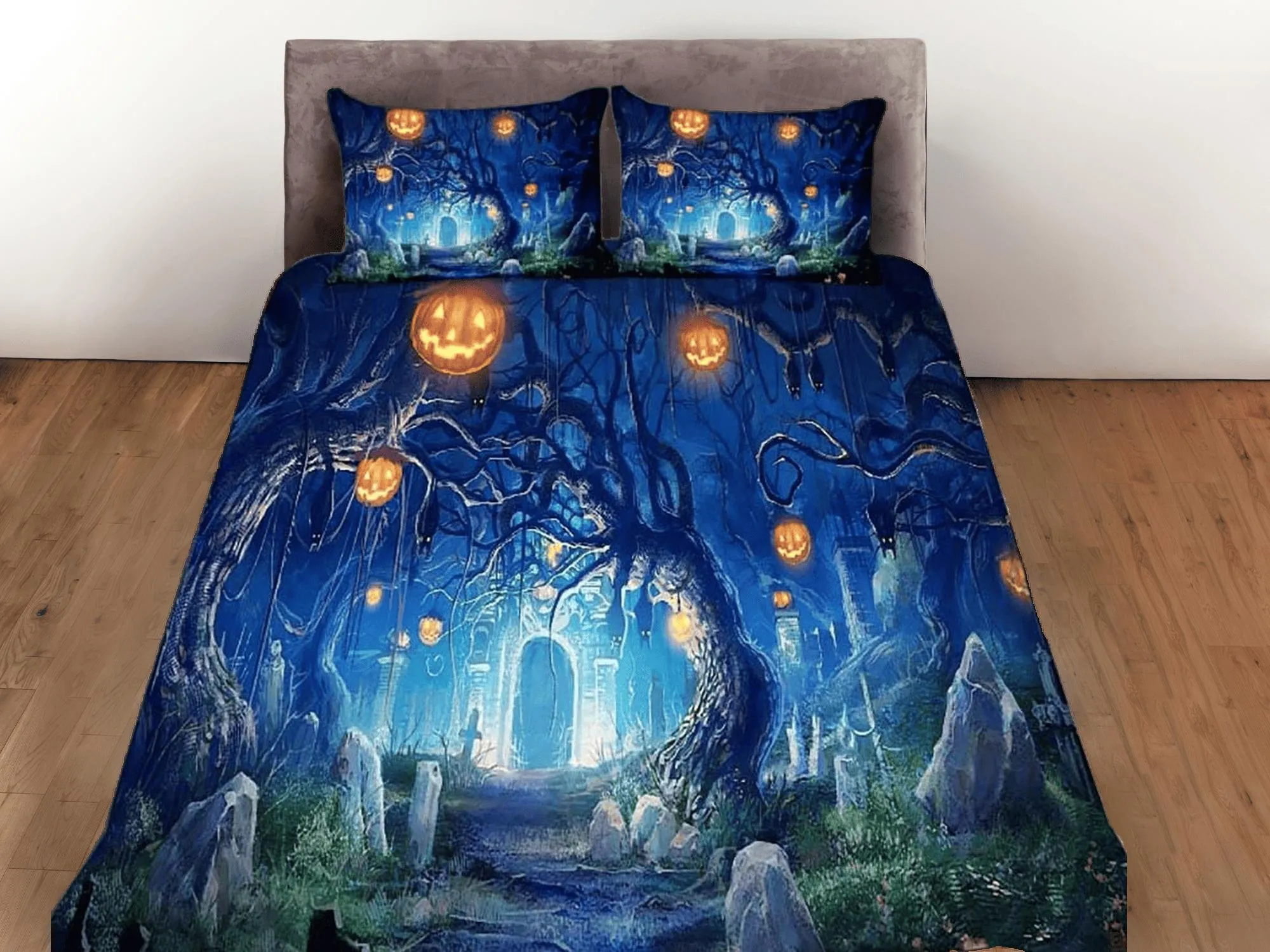 Pumpkin lanterns mystical forest halloween bedding & pillowcase, gothic duvet cover, dorm bedding, goth decor toddler bedding halloween gift