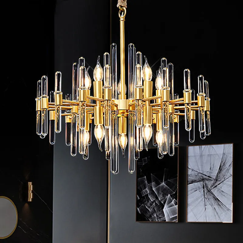Radiant Gold Chandelier with Crystal Rods: Minimalist Pendant Light