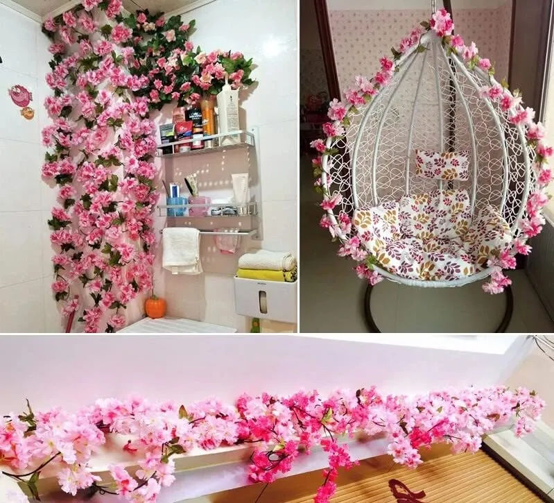 RAGOMA Artificial cherry blossom Flower Pink Vine Garland pack of 2 Fake hanging Flowers Garland ivy plants for Wedding Decorations Party Garden Wall Decoration Wall Valentine Flowers (7.5 Ft)