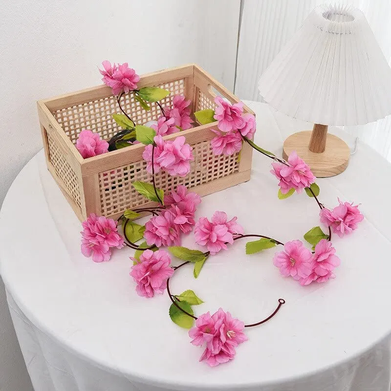 RAGOMA Artificial cherry blossom Flower Pink Vine Garland pack of 2 Fake hanging Flowers Garland ivy plants for Wedding Decorations Party Garden Wall Decoration Wall Valentine Flowers (7.5 Ft)