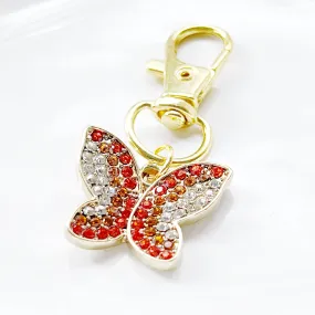 Red & Orange Butterfly Zipper Pull Keychain Charm with Rhinestones - Stylish and Whimsical Accessory for Your Bag