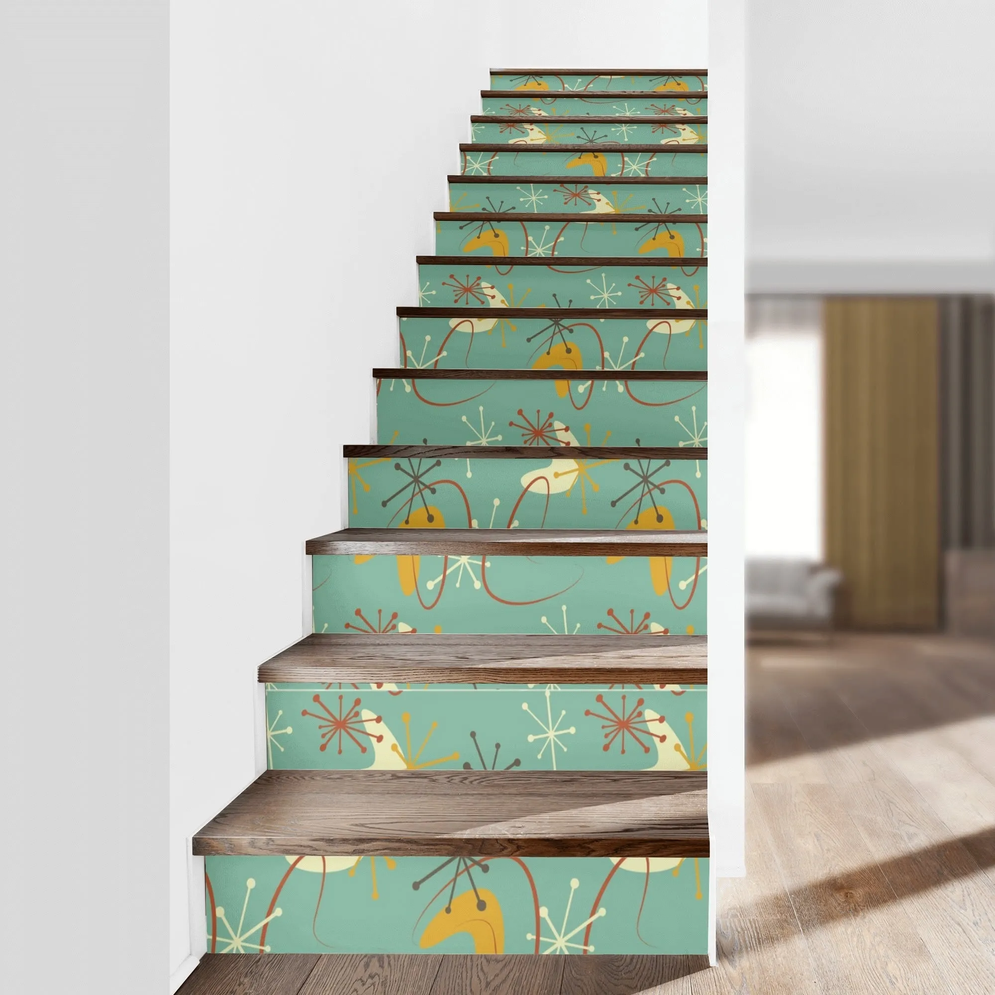 Retro Boomerang Starburst Peel and Stick Stair Risers, Mid Century Modern MCM Stair Stickers, Atomic Era 13pcs Staircase Decor