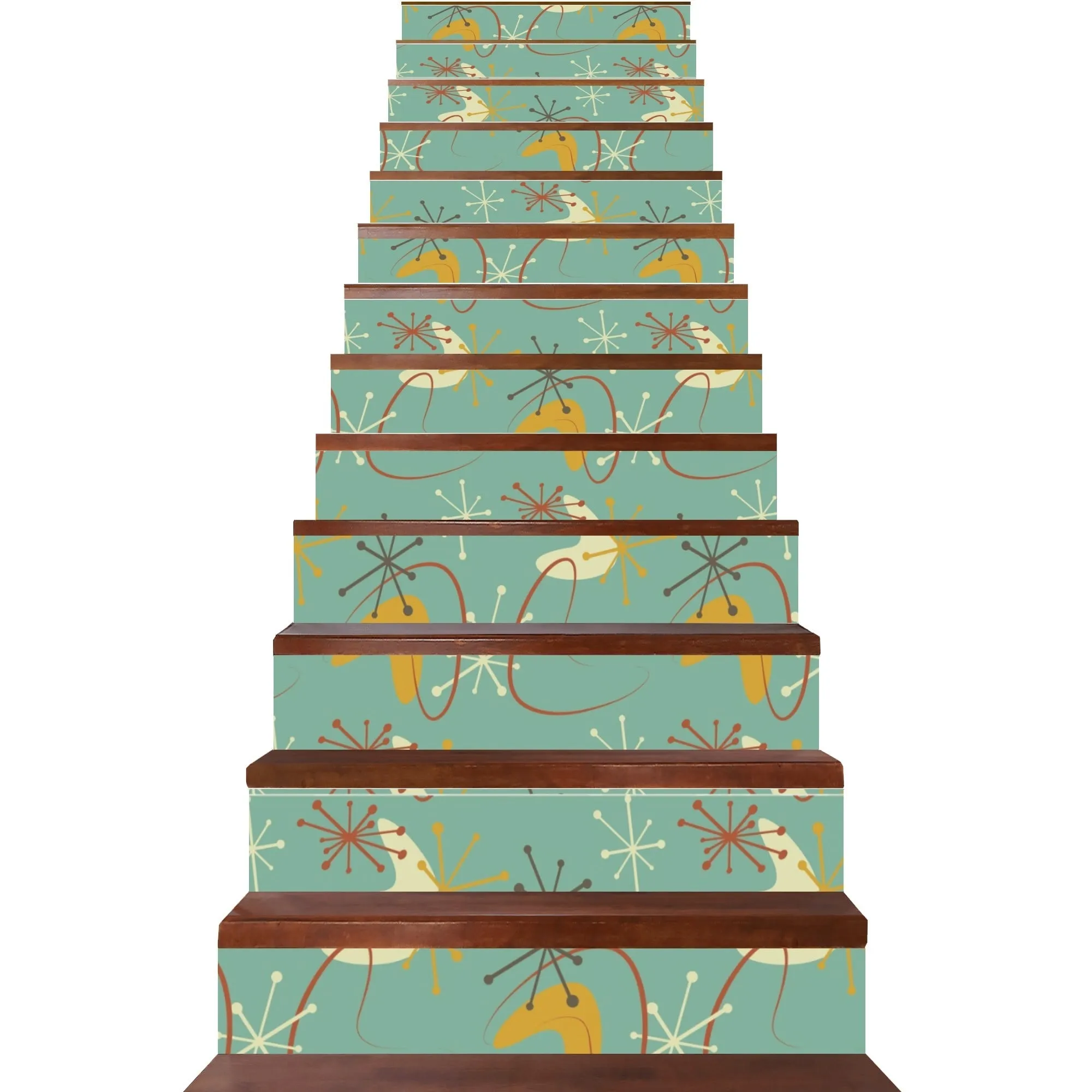 Retro Boomerang Starburst Peel and Stick Stair Risers, Mid Century Modern MCM Stair Stickers, Atomic Era 13pcs Staircase Decor