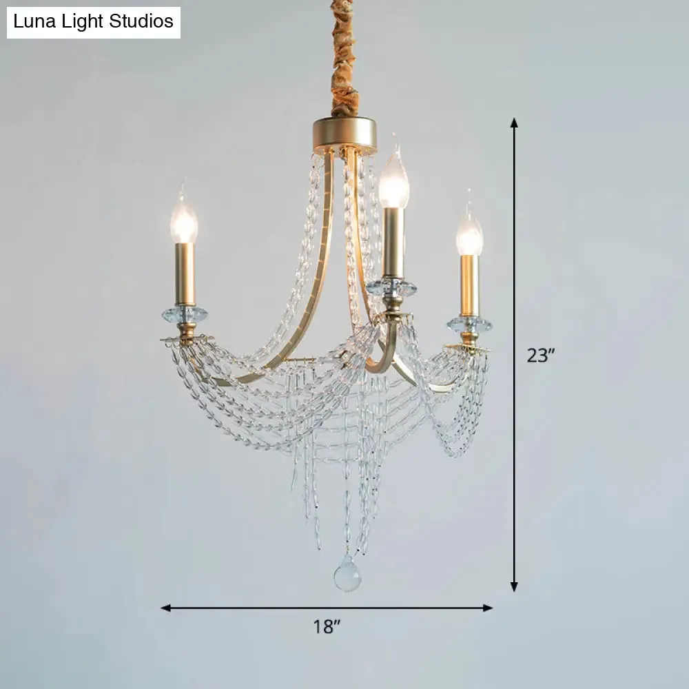 Rustic Iron 3-Headed Bedroom Pendant Light with Crystal Accents - Champagne Swooping Arm Candle Chandelier