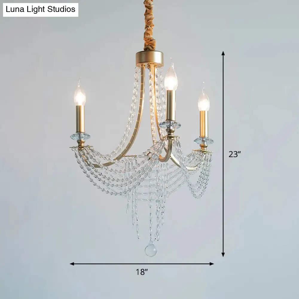 Rustic Iron 3-Headed Bedroom Pendant Light with Crystal Accents - Champagne Swooping Arm Candle Chandelier
