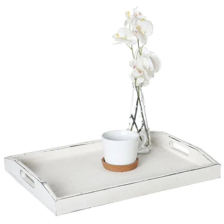 Rustic Whitewashed Wood Serving Tray with Cutout Handles