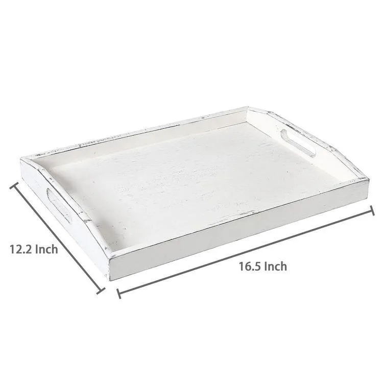 Rustic Whitewashed Wood Serving Tray with Cutout Handles