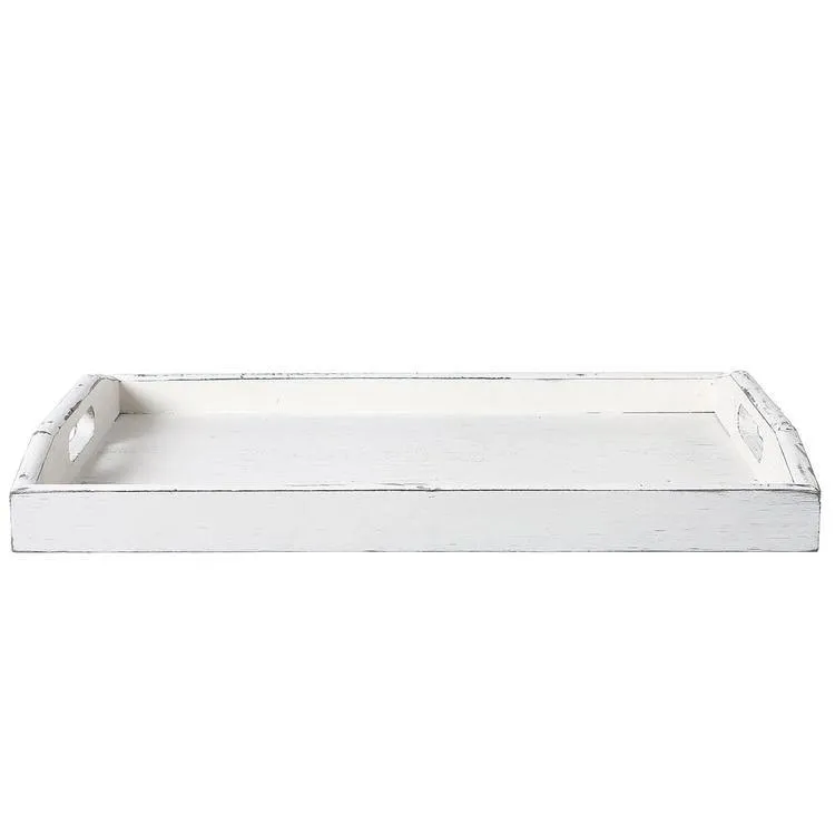 Rustic Whitewashed Wood Serving Tray with Cutout Handles