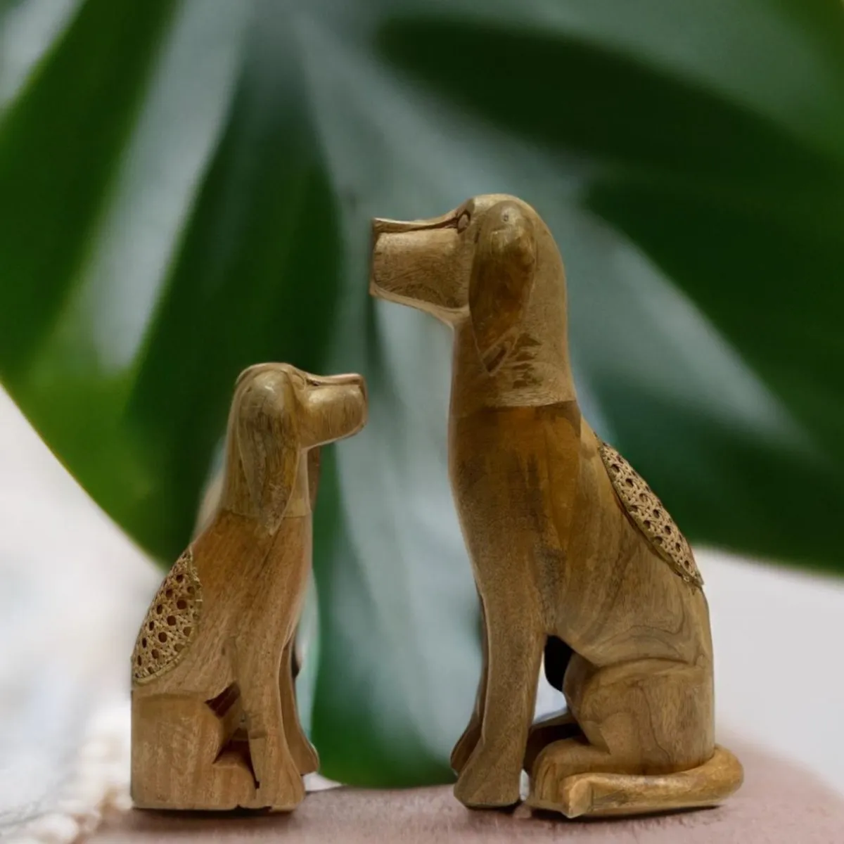 Set of 2 Sitting Dogs Artisan Crafted Mango Wood Sculptures