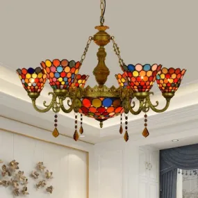 Tiffany Stained Glass Chandelier with Colorful Circle Pattern for Living Room - 7 Light Cone Hanging Fixture