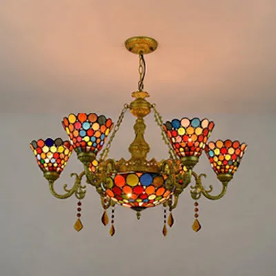 Tiffany Stained Glass Chandelier with Colorful Circle Pattern for Living Room - 7 Light Cone Hanging Fixture