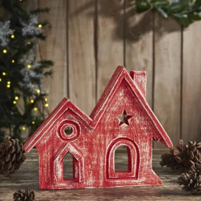 Village Twin House Red w/ Star Wooden Figurine 9.5x7.5x1.5