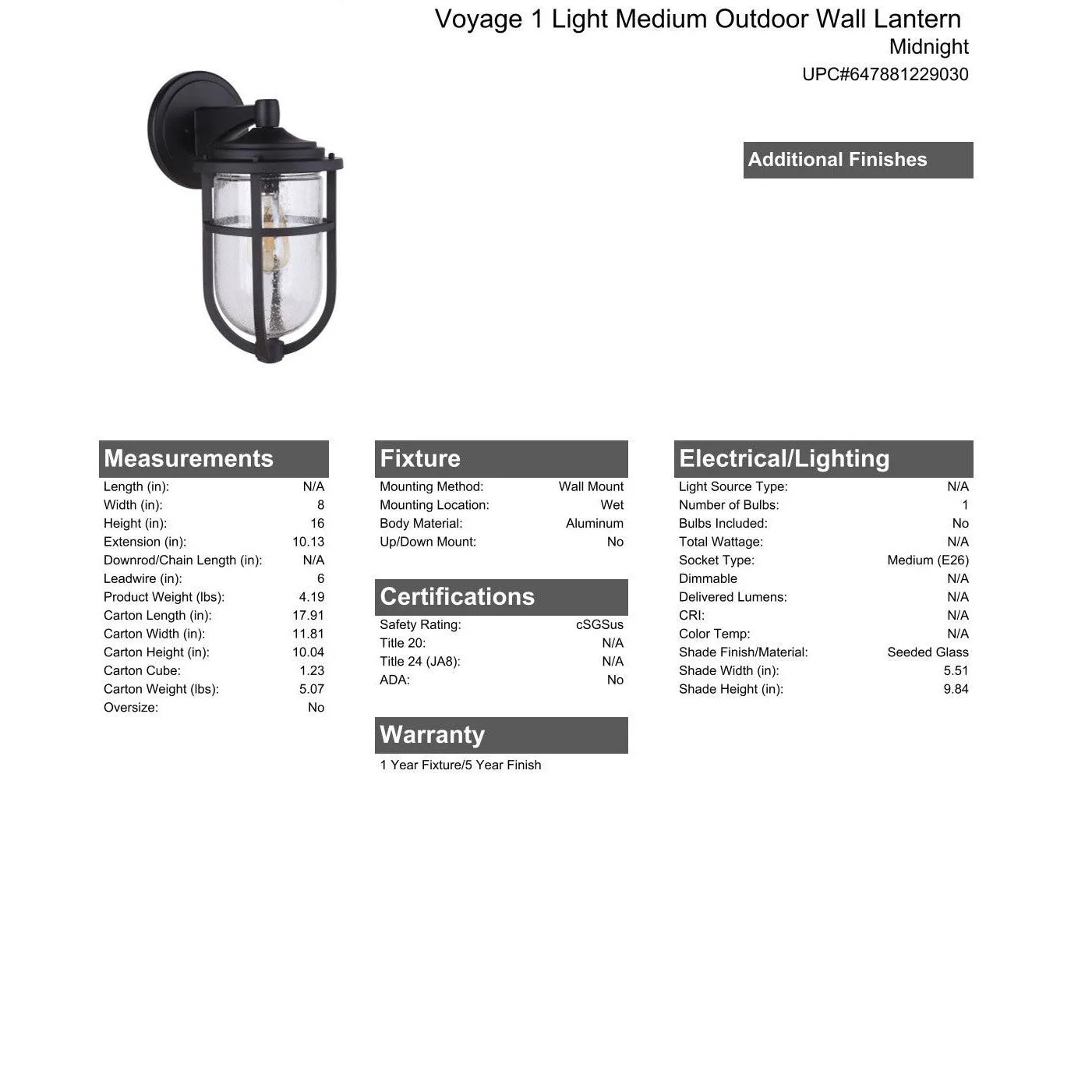 Voyage 1 Light Medium Outdoor Wall Lantern in Midnight