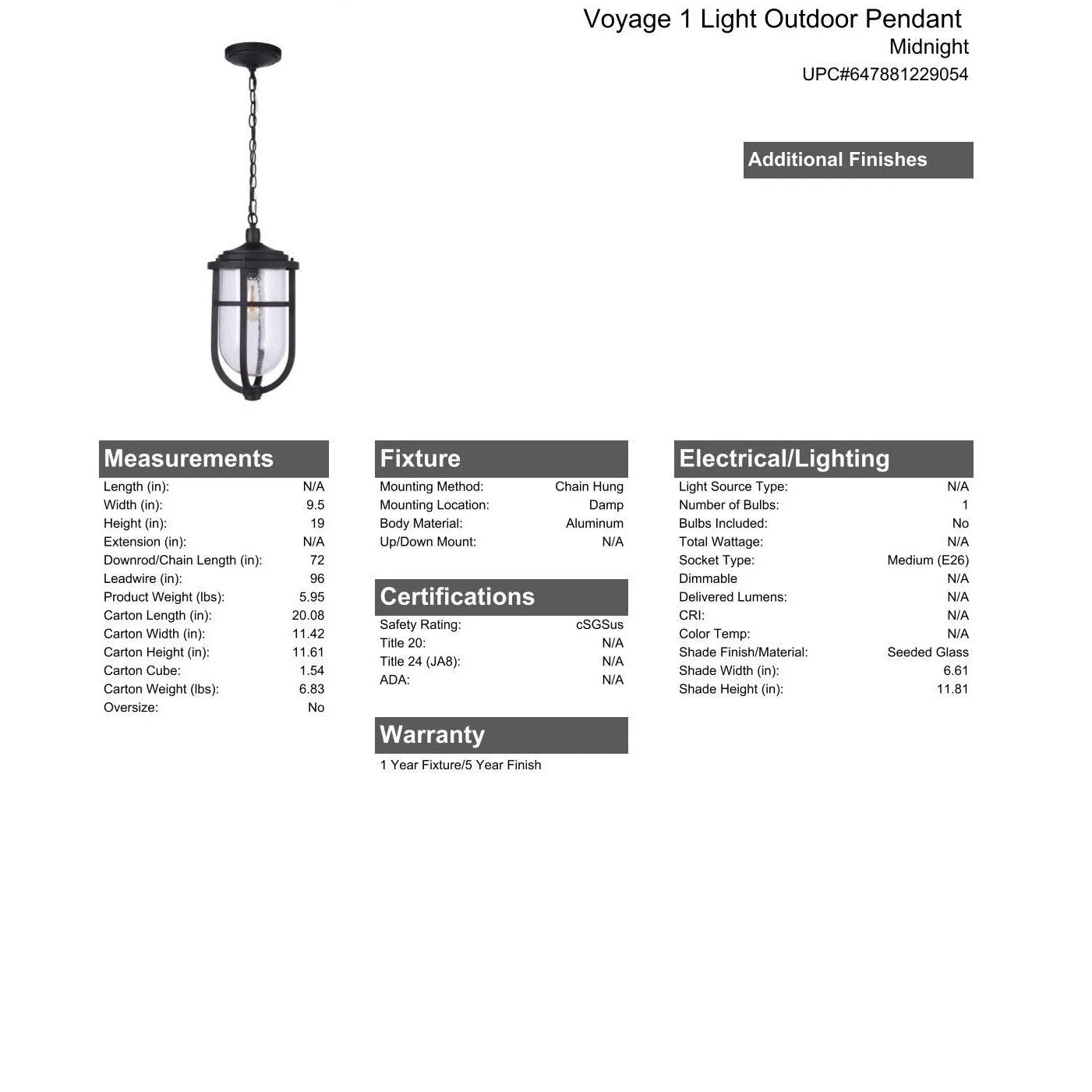 Voyage 1 Light Outdoor Pendant in Midnight