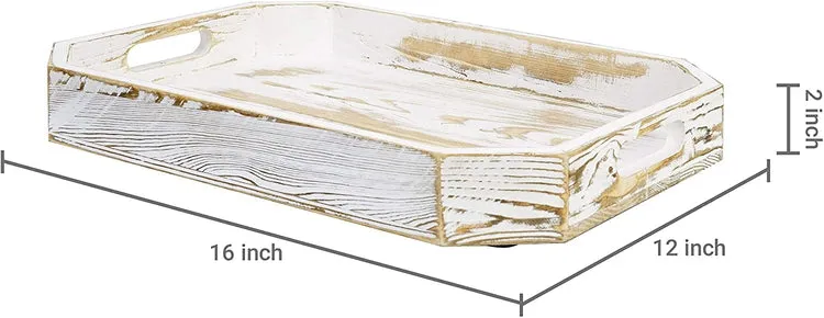 Whitewashed Wood Breakfast Serving Tray with Handles and Angled Corners