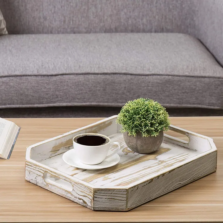 Whitewashed Wood Breakfast Serving Tray with Handles and Angled Corners