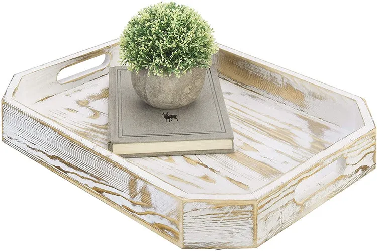Whitewashed Wood Breakfast Serving Tray with Handles and Angled Corners
