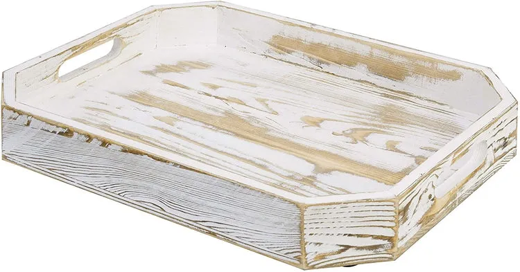 Whitewashed Wood Breakfast Serving Tray with Handles and Angled Corners