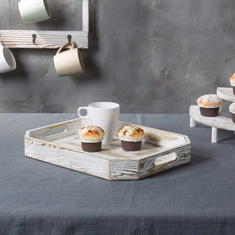 Whitewashed Wood Breakfast Serving Tray with Handles and Angled Corners