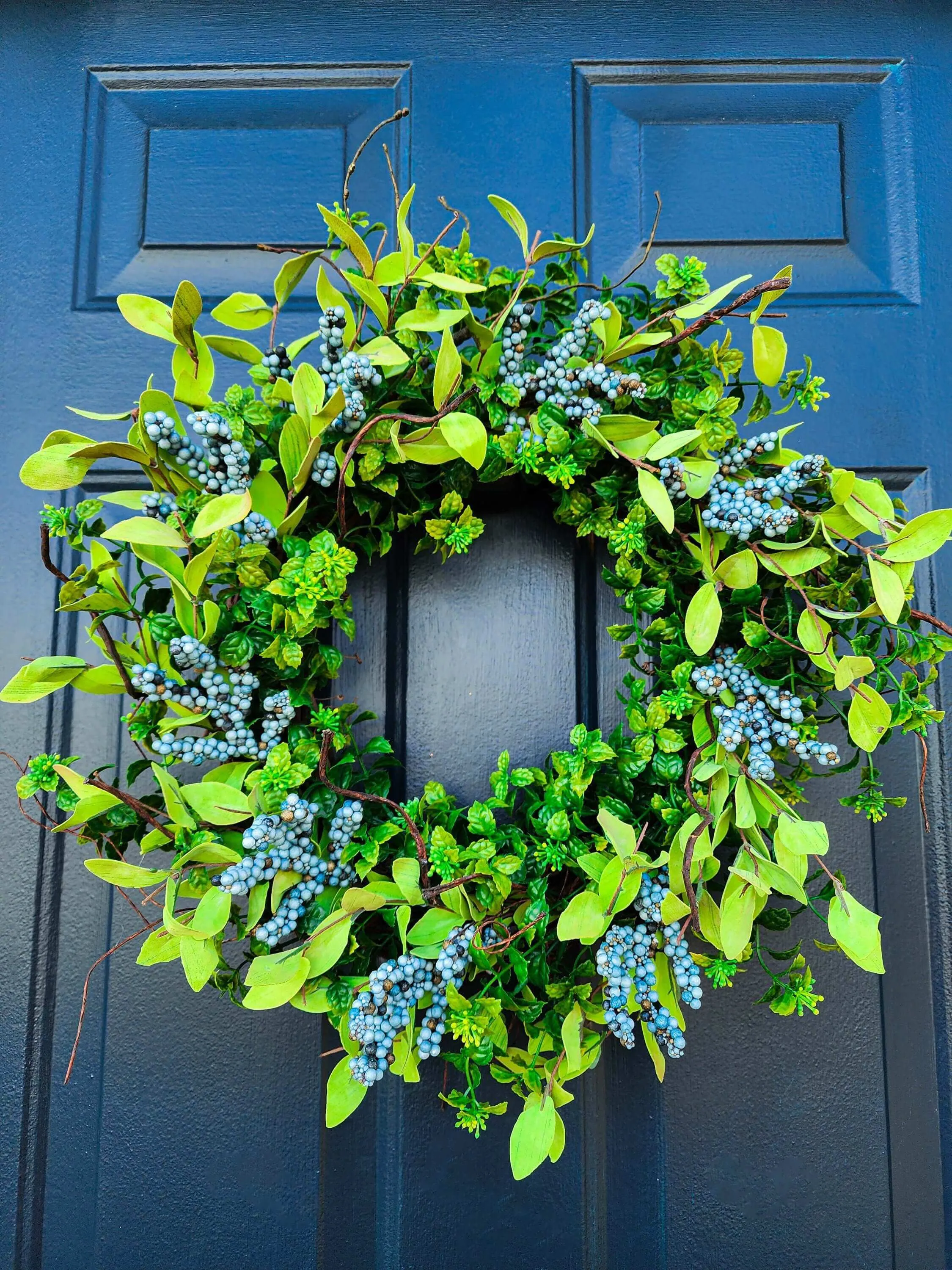 Year Round Boxwood and Berry Wreath For Front Door, Blue Berry Wreaths, All Season, Farmhouse, Country, Housewarming Gift, Gift for Her