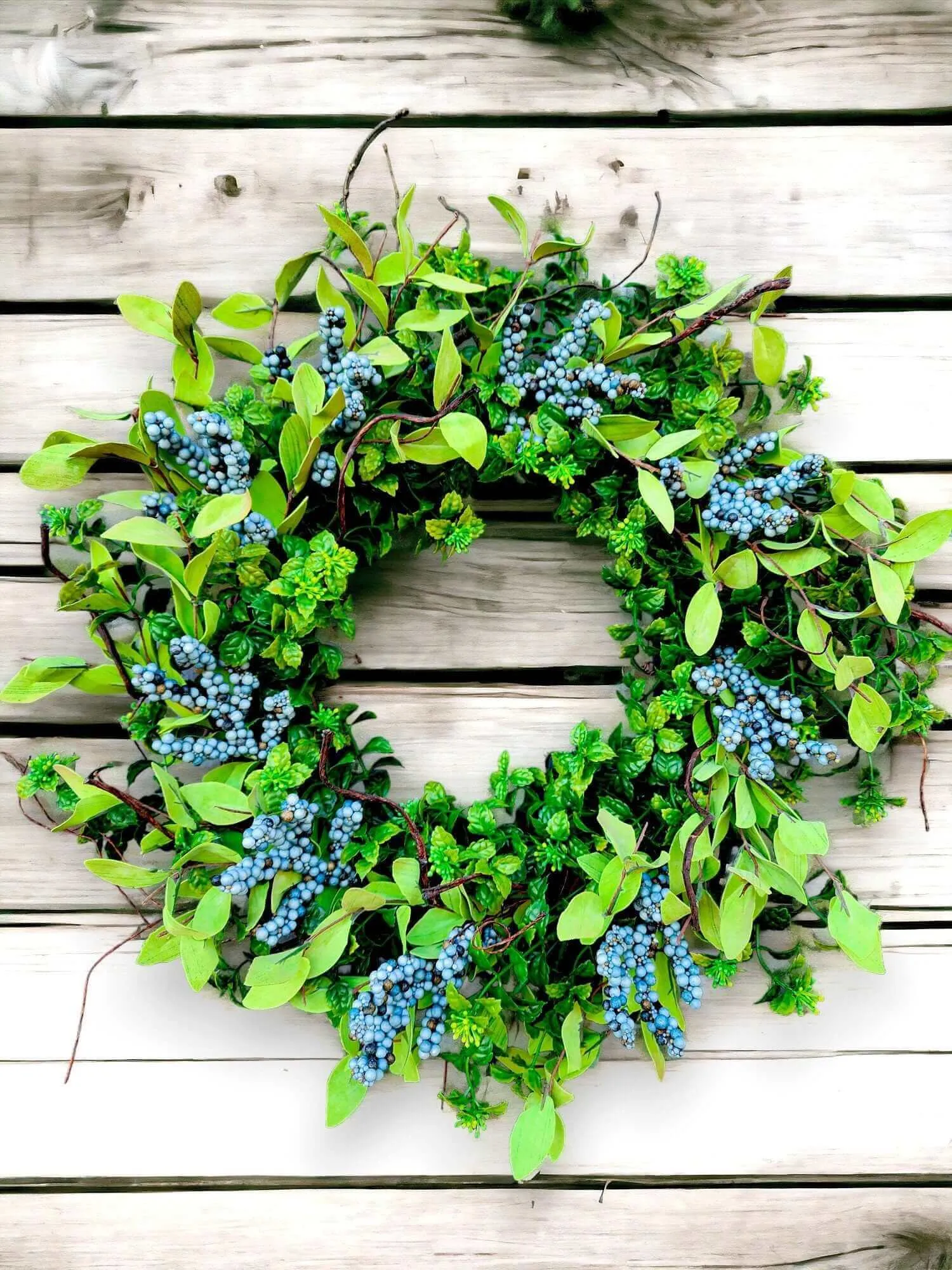 Year Round Boxwood and Berry Wreath For Front Door, Blue Berry Wreaths, All Season, Farmhouse, Country, Housewarming Gift, Gift for Her