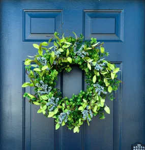 Year Round Boxwood and Berry Wreath For Front Door, Blue Berry Wreaths, All Season, Farmhouse, Country, Housewarming Gift, Gift for Her